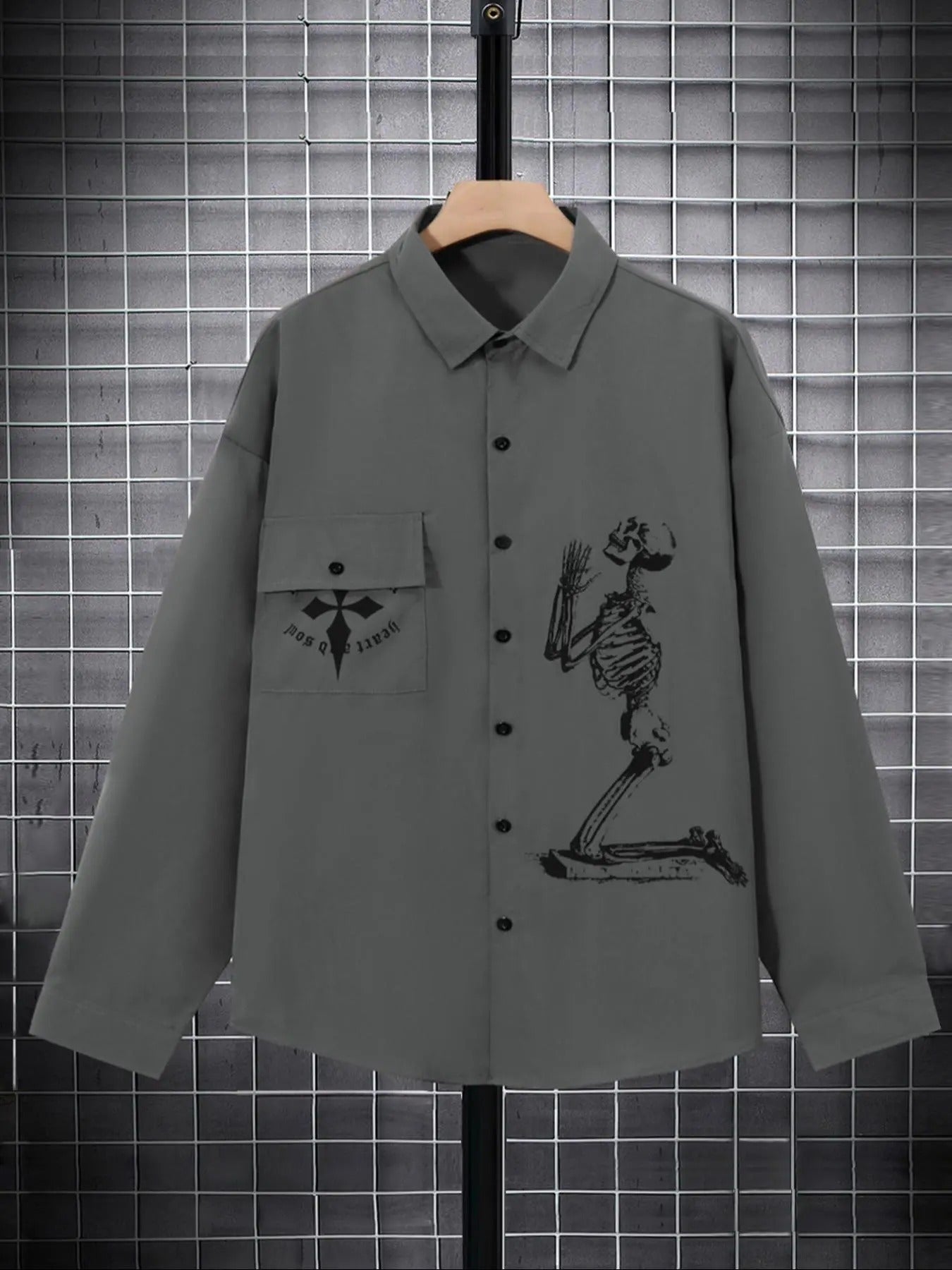 Men'WB shield Skeleton & Cross Print Button Front Shirt, Regular Fit Casual Drop Shoulder Long Sleeve Pocket Top, Men'WB...