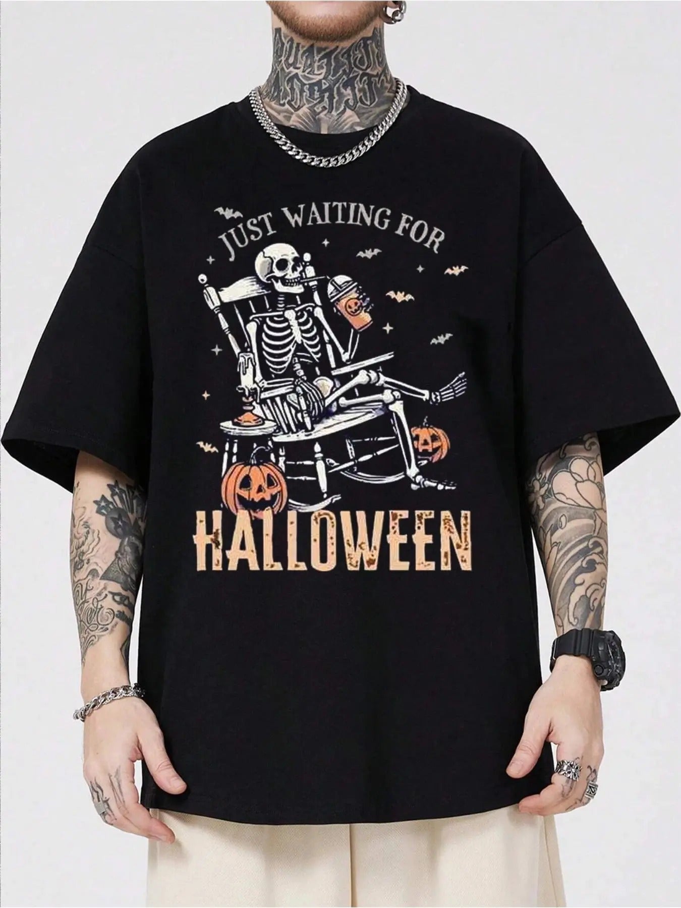 Men'WB shield Skeleton & Letter Print Drop Shoulder Tee, Regular Fit Casual Comfy Half Sleeve T-shirt for Summer, Fashion...
