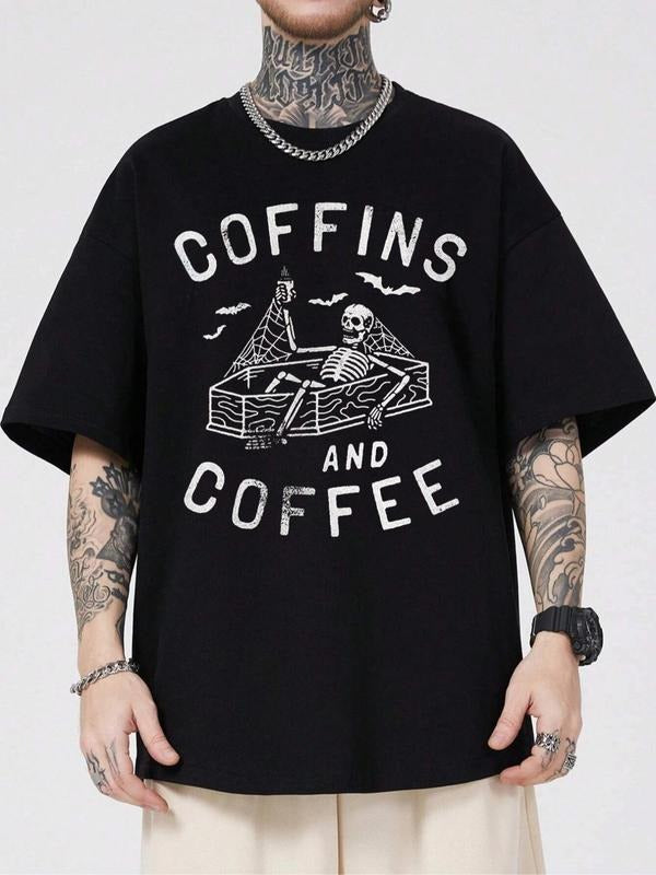 Men'WB shield Skeleton & Letter Print Drop Shoulder Tee, Regular Fit Casual Comfy Round Neck Half Sleeve T-shirt for...