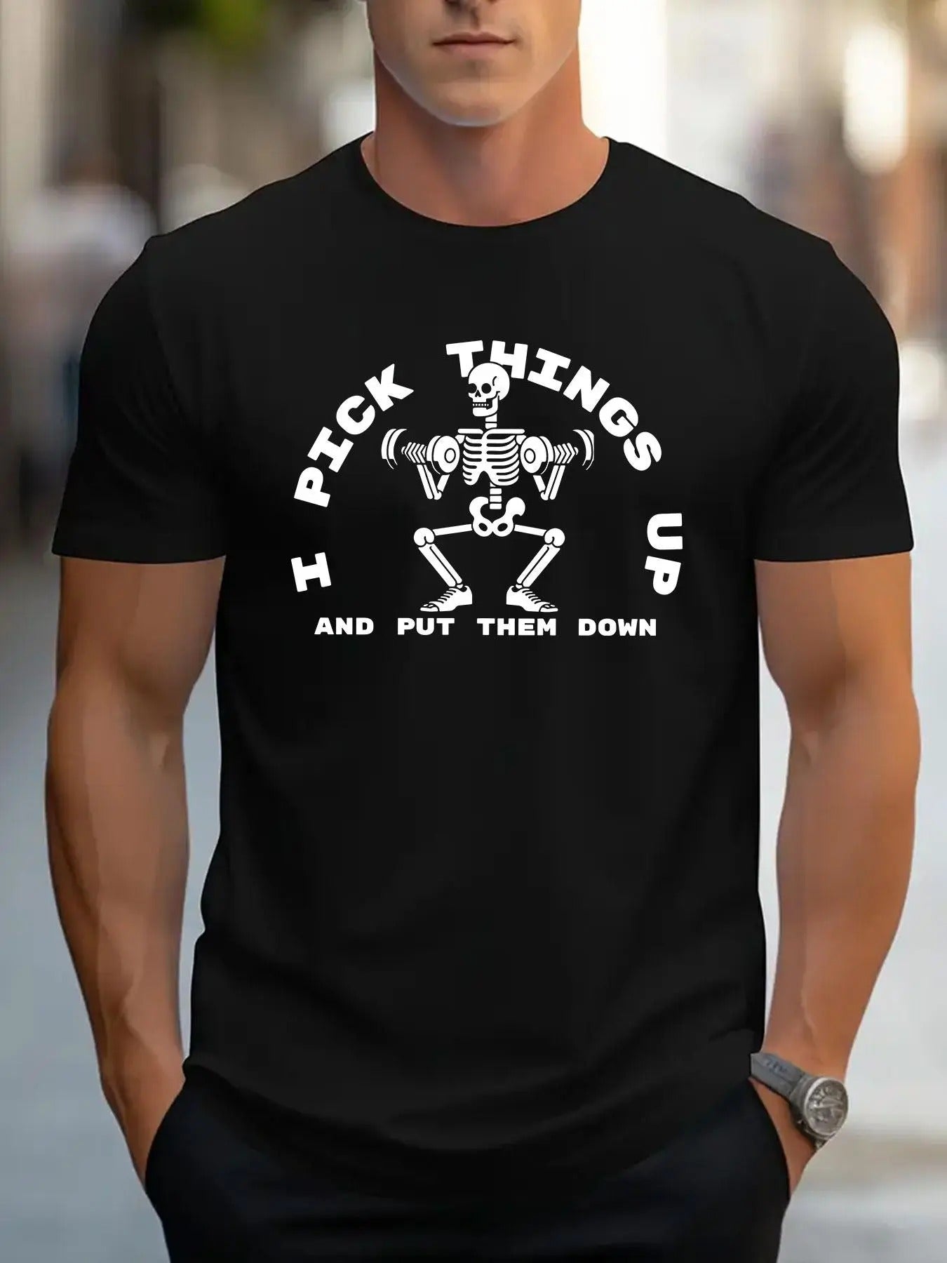 Men'WB shield Skeleton & Letter Print Round Neck Tee, Loose Casual Short Sleeve T-shirt for Summer, Men'WB shield Top for...
