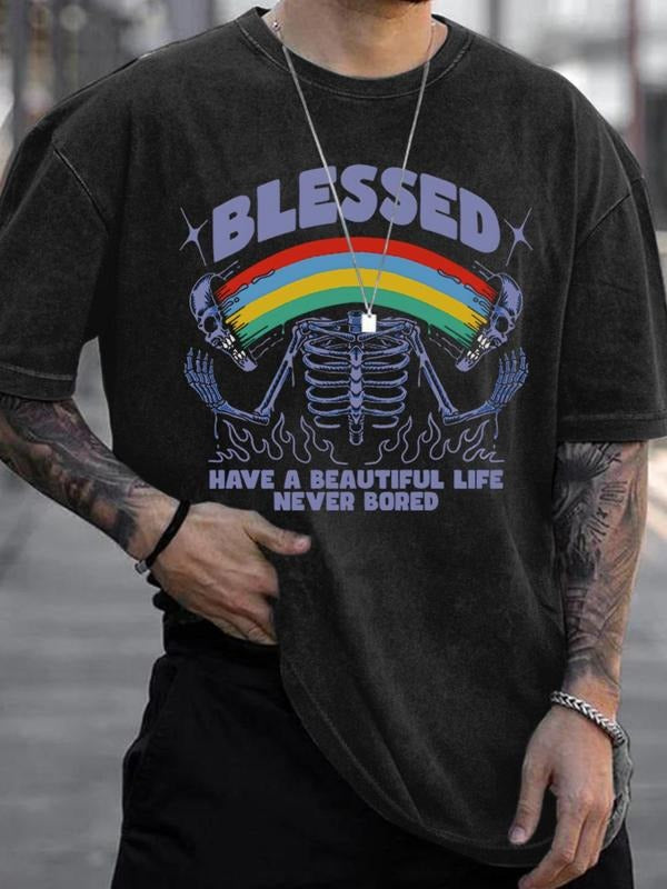 Men'WB shield Skeleton & Rainbow Print Graphic Tee, Casual Comfy Short Sleeve T-shirt for Summer, Fashion Men'WB shield...