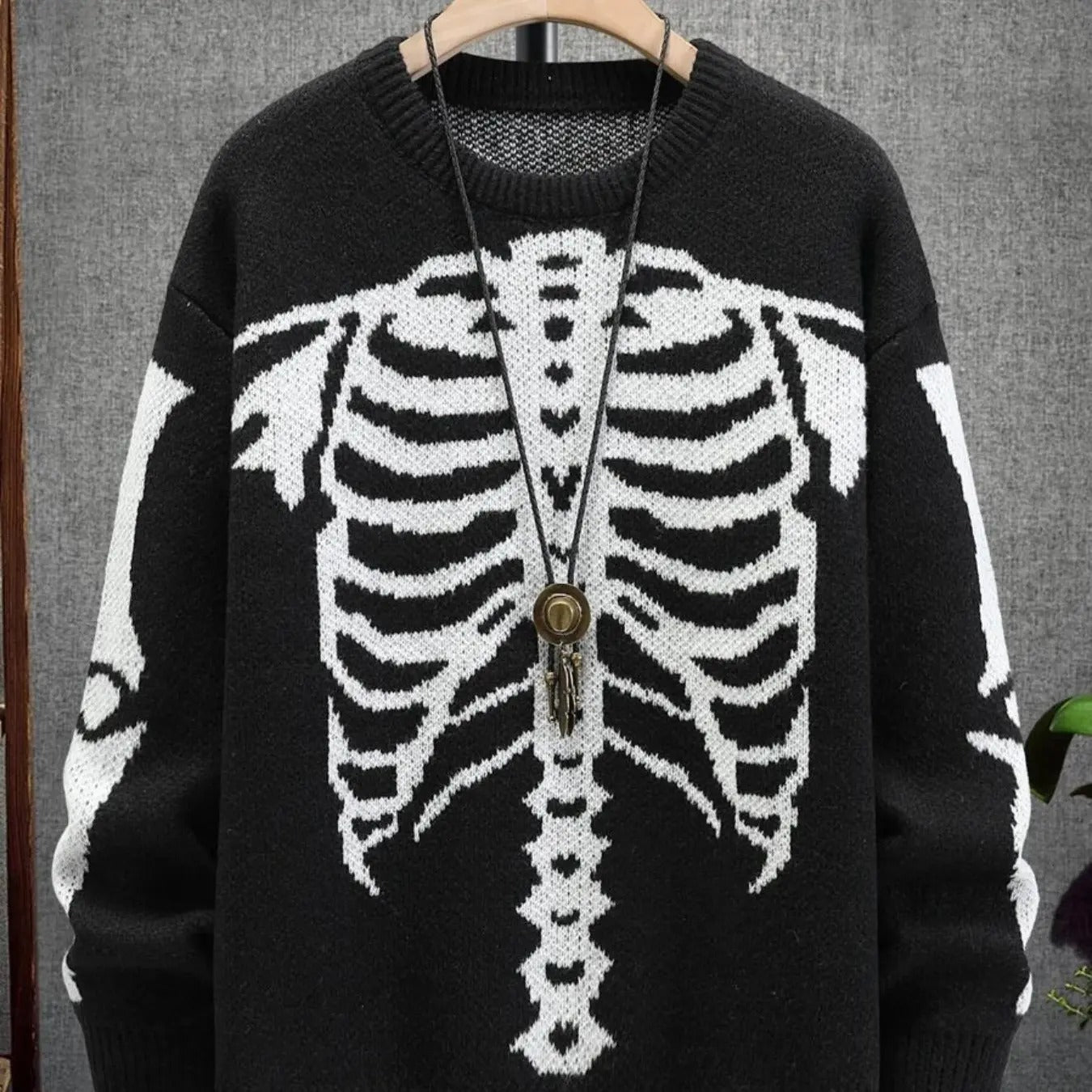 Men'WB shield Skeleton Print Drop Shoulder Sweater, Halloween TNF Regular Fit Casual Long Sleeve Round Neck Jumper for...