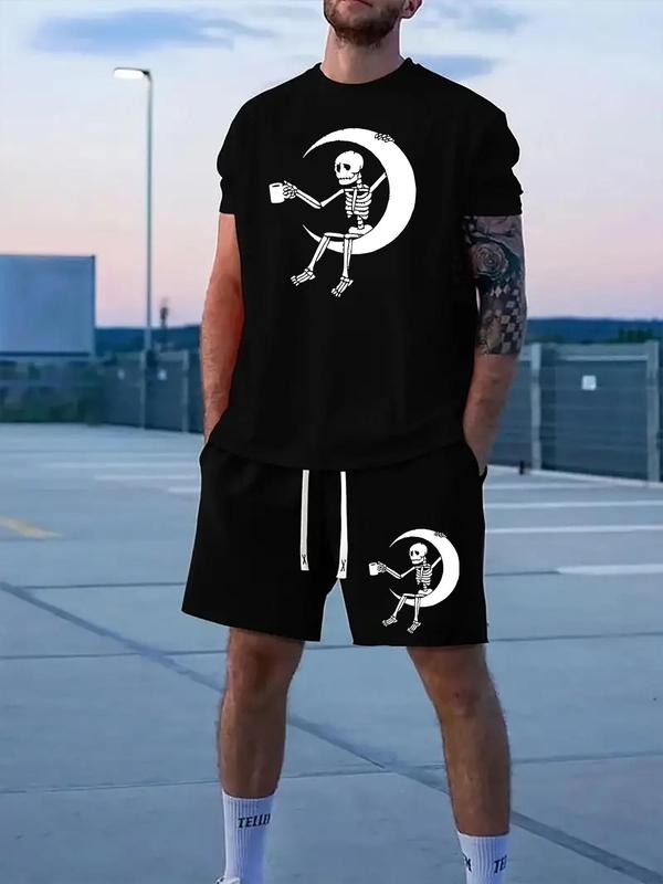 Men'WB shield Skeleton Print Short Sleeve Tee & Shorts Set, Regular Fit Casual Round Neck T-shirt & Track Shorts, Men'WB...