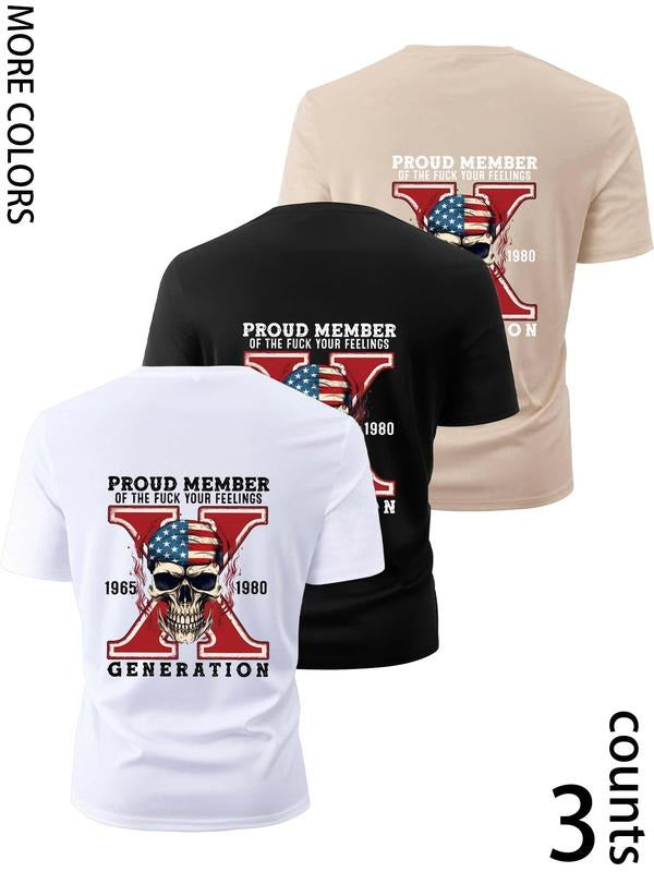 Men'WB shield Skull & American Flag Print Short Sleeve Graphic Tee, Regular Fit Casual Round Neck T-shirt for Daily Wear,...