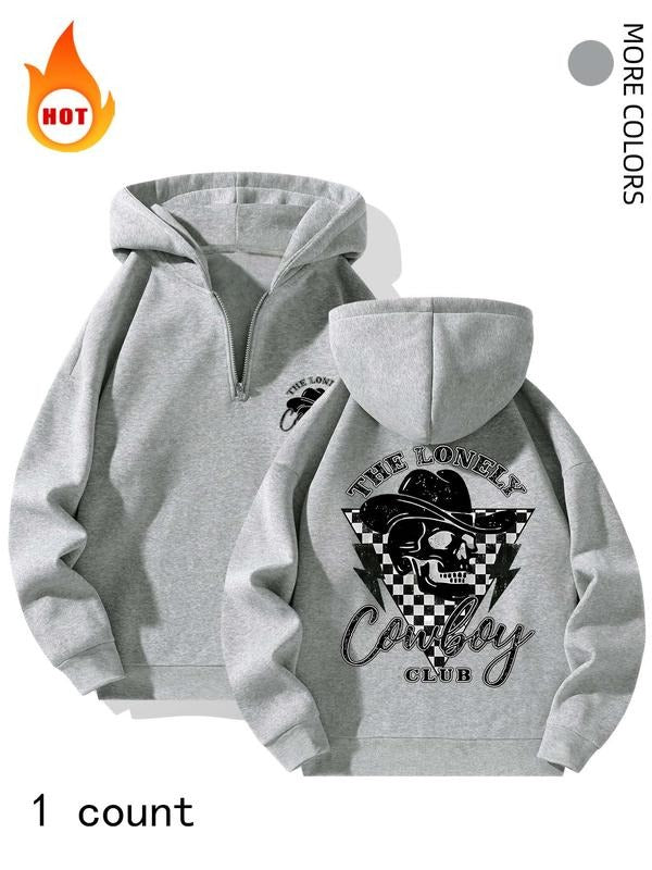 Men'WB shield Skull & Letter & Plaid Print Drop Shoulder Hoodie, Regular Fit Casual Comfy Long Sleeve Zipper Hooded...