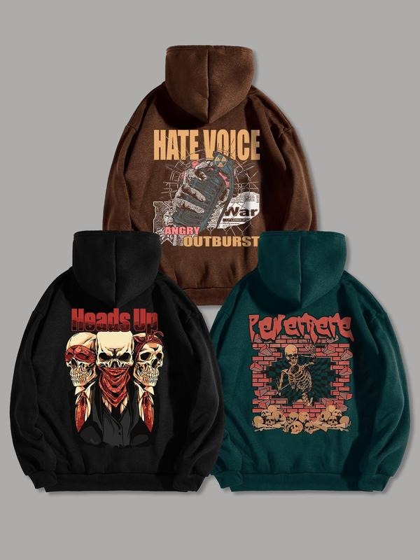 Men'WB shield Skull & Letter Print Drop Shoulder Hoodie, Fashion Casual Regular Fit Drawstring Pocket Hooded Sweatshirt...