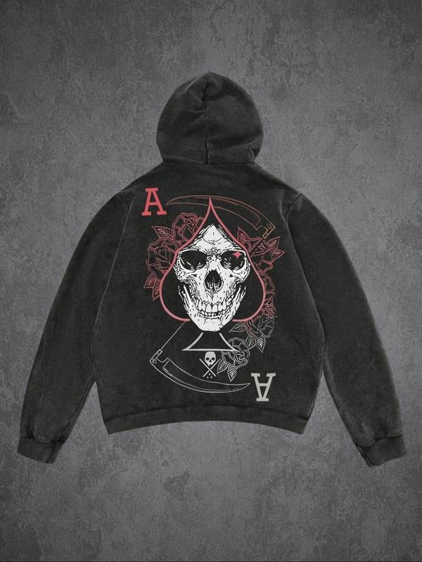Men'WB shield Skull & Playing Card Print Zip Up Hoodie, Regular Fit Casual Retro Long Sleeve Hooded Sweatshirt for Spring...