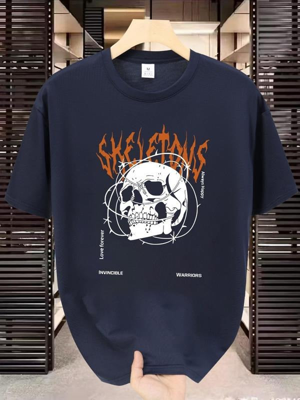 Men'WB shield Skull Graphic Print Round Neck Tee, Regular Fit Street Fashion Casual Comfy Short Sleeve Crew Neck T-shirt...