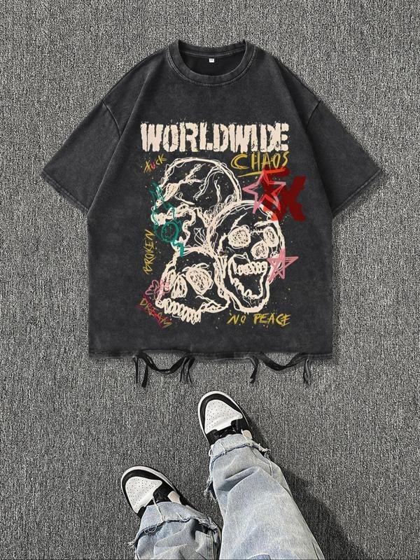Men'WB shield Skull Print Distressed Graphic Tee, Regular Fit Casual Short Sleeve Round Neck T-shirt for Summer, Men'WB...