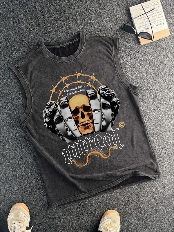 Men'WB shield Skull Print Round Neck Tank Top, Regular Fit Casual Fashion Sleeveless Top for Summer, Men'WB shield TNF...
