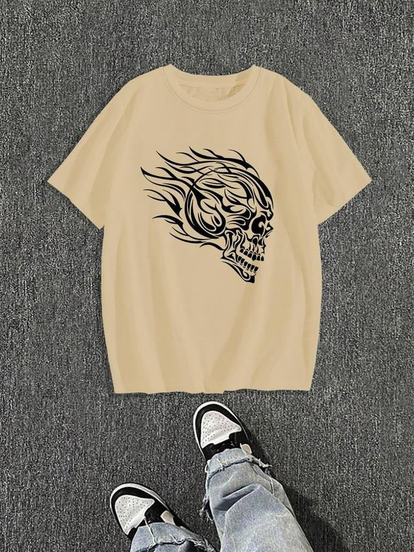 Men'WB shield Skull Print Round Neck Tee, Regular Fit Casual Short Sleeve Crew Neck T-shirt for Daily Wear, Fashion...