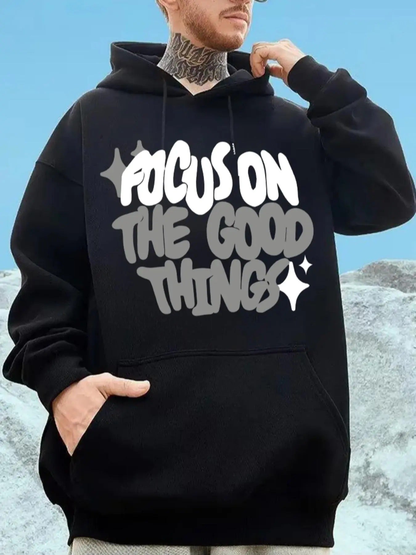 Men'WB shield Slogan Print Sweatshirt, Casual Regular Fit Long Sleeve Drawstring Pocket Hooded Sweatshirt for Spring &...