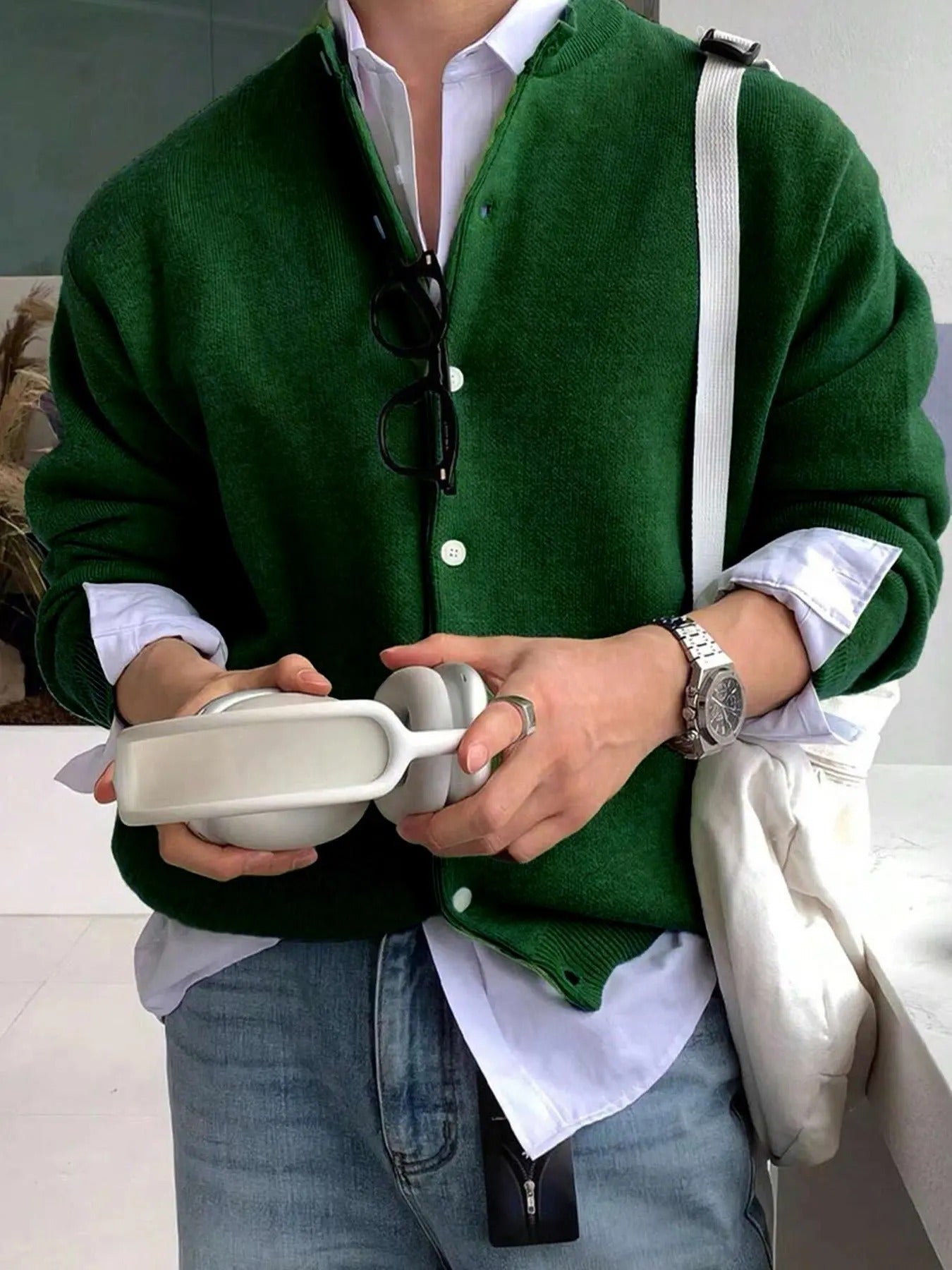 Men'WB shield Solid Button Front Cardigan, Casual Regular Fit Drop Shoulder Long Sleeve Knitwear for Fall & Winter,...
