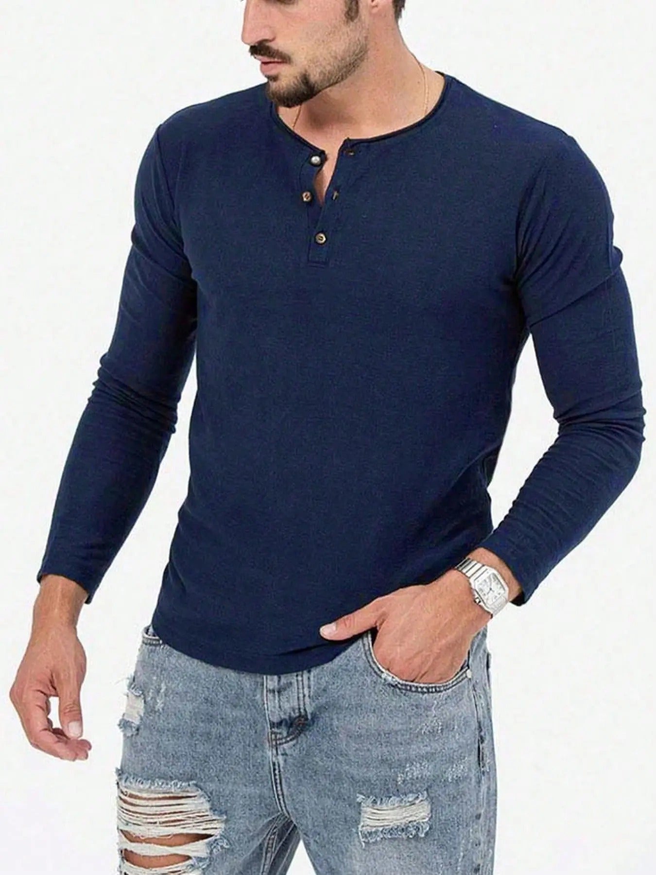 Men'WB shield Solid Half Button Front Drop Shoulder Tee, Casual Regular Fit Long Sleeve Round Neck T-Shirt for Spiky hair...