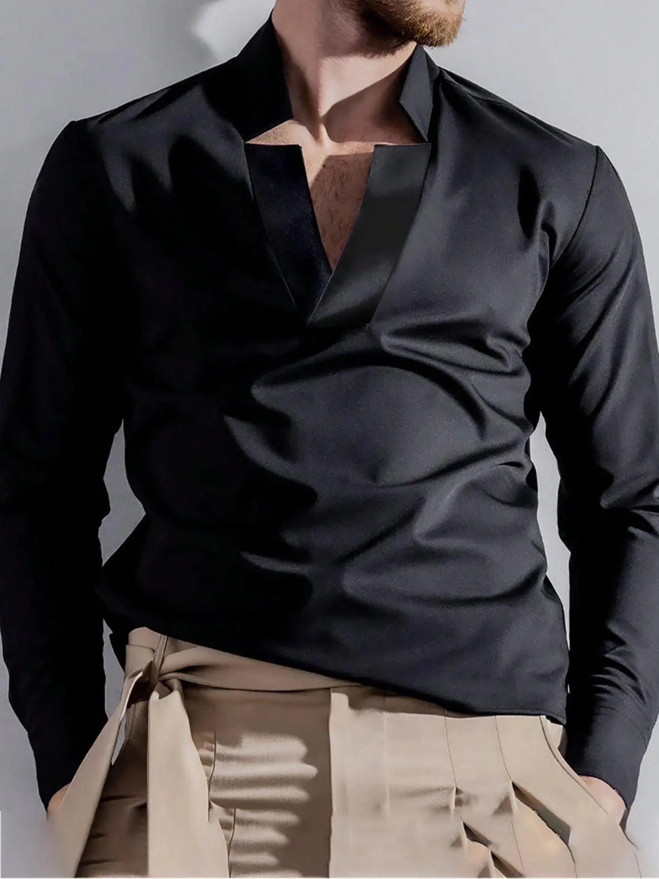 Men'WB shield Solid Notched Neck Shirt, Regular Fit Casual Long Sleeve Top for Business Work FOG, Men'WB shield TNF for...