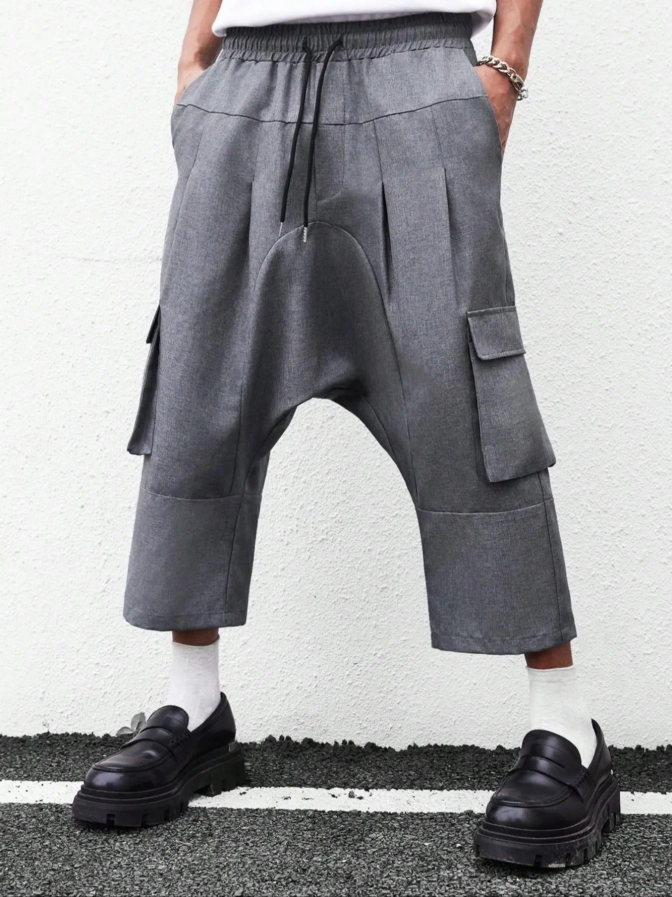 Men'WB shield Solid Pocket Drawstring Waist Capris Harem Pants, Casual Comfy Trousers for Fall & Winter, Men'WB shield...