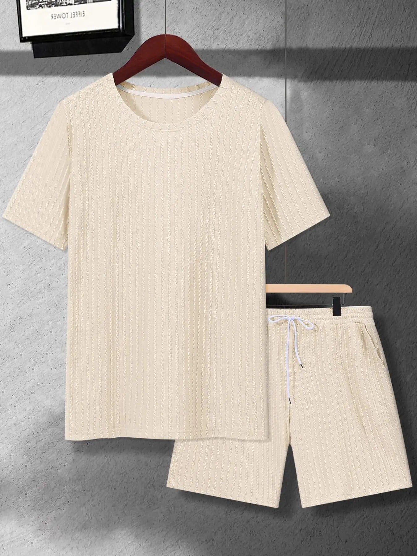 Men'WB shield Solid Ribbed Short Sleeve Tee & Drawstring Waist Shorts Set, Regular Fit Casual Round Neck T-shirt & Pocket...