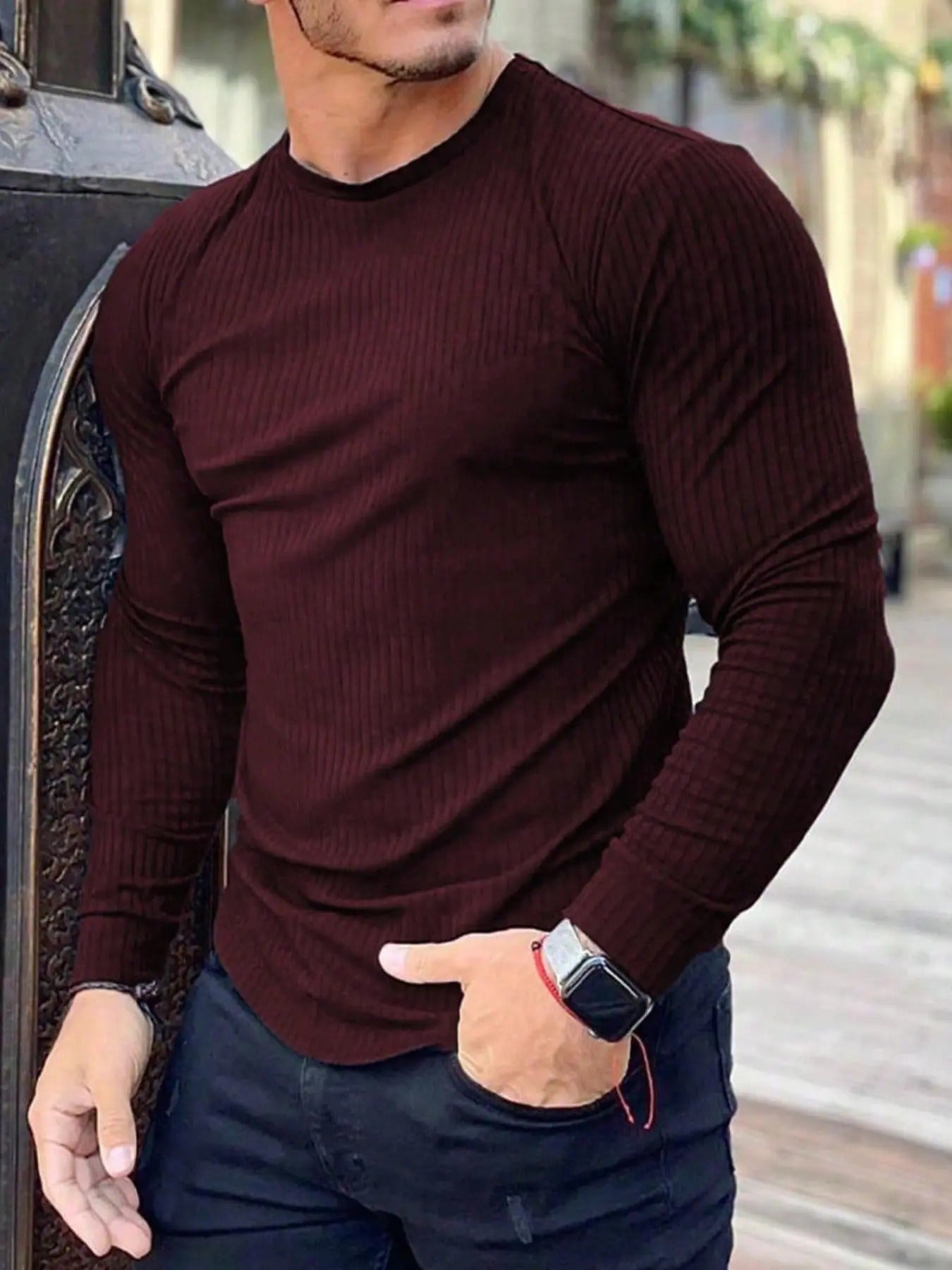 Men'WB shield Solid Round Neck Ribbed Tee, Regular Fit Casual Long Sleeve Crew Neck T-shirt for Fall & Winter, Men'WB...