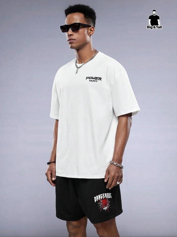 Men'WB shield Spider & Letter Print Co-ord Set, Street Fashion Drop Shoulder Tee & Drawstring Shorts Set for Daily Wear,...