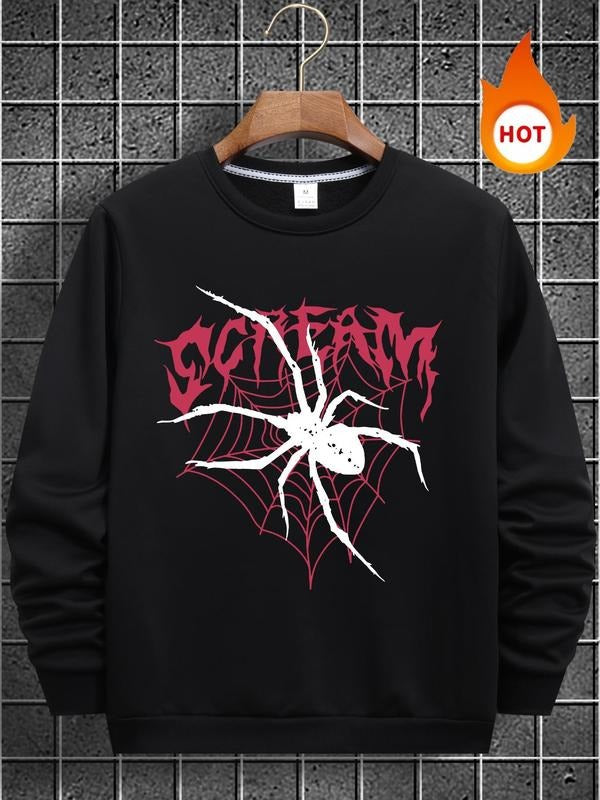 Men'WB shield Spider & Letter Print Round Neck TNF Lined Sweatshirt, Regular Fit Casual Long Sleeve Crew Neck Pullover...
