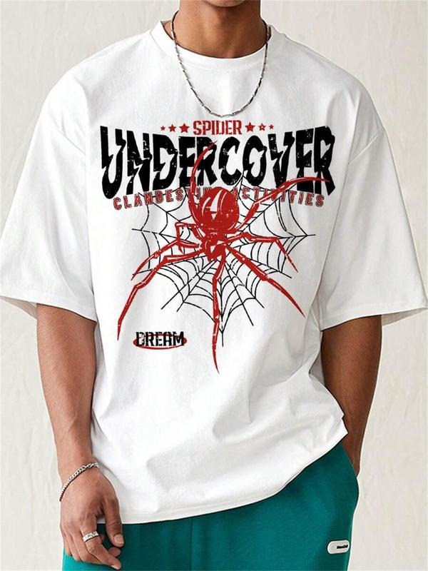 Men'WB shield Spider & Letter Print Round Neck Tee, Regular Fit Casual Short Sleeve Crew Neck T-Shirt for Daily Wear,...