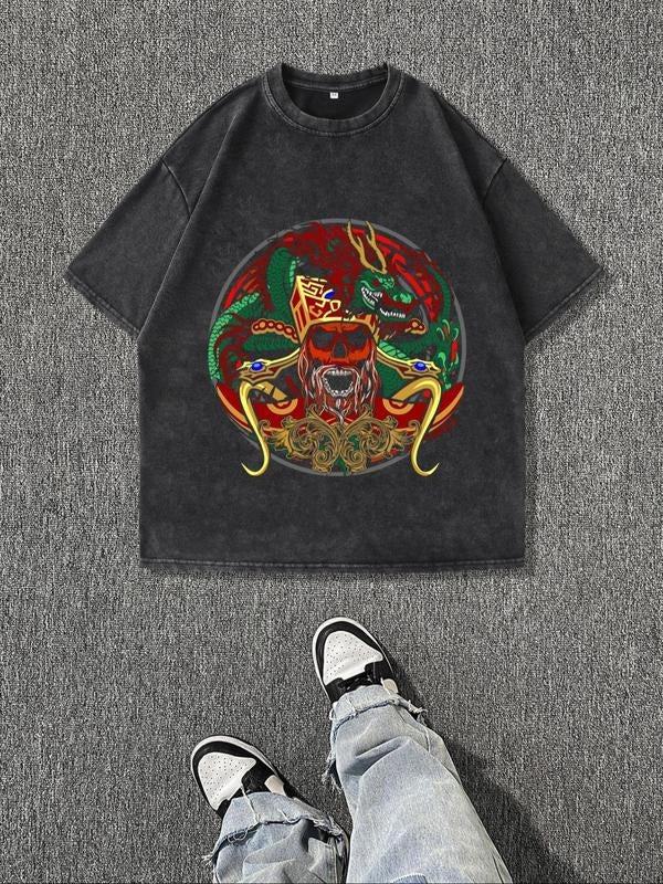 Men'WB shield Spiky hair fighters & Geometric Print Round Neck Tee, Regular Fit Casual Short Sleeve Crew Neck T-Shirt for...