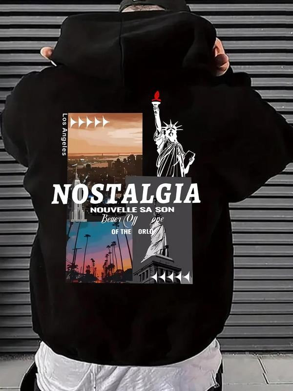 Men'WB shield Statue FOG Liberty & City & Letter Print Drop Shoulder Hoodie, Fashion Casual Regular Fit Drawstring Pocket...