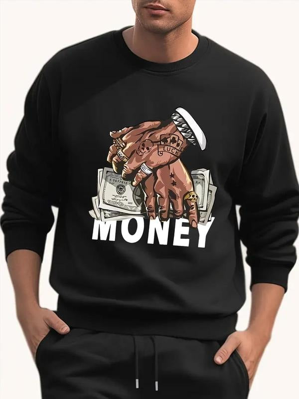 Men'WB shield Straw hat pirates & Hand Print Round Neck Sweatshirt, Loose Casual Long Sleeve Crew Neck Pullover for Fall...