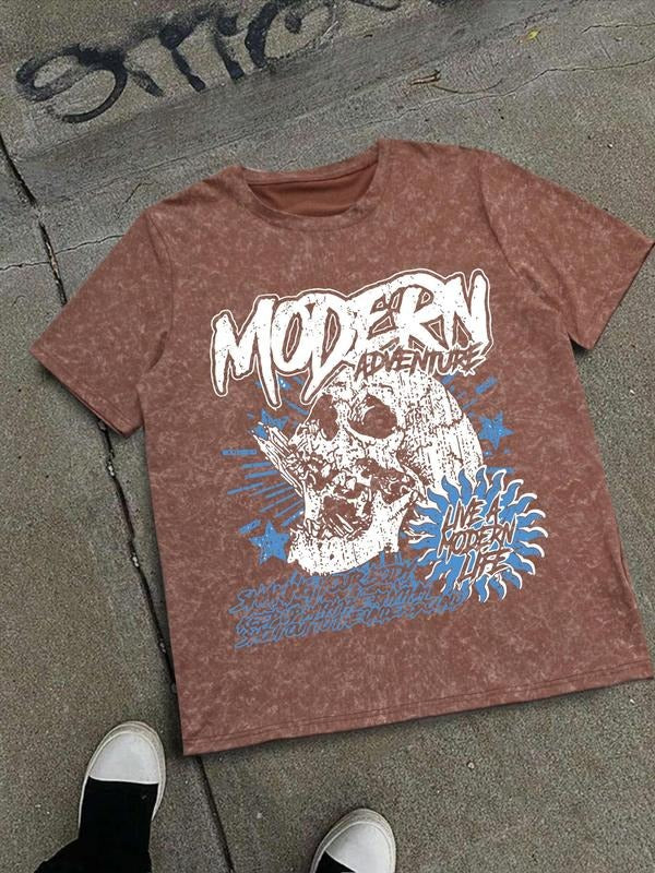 Men'WB shield Street Style Skull Graphic Print Round Neck Tee, Regular Fit Casual Comfy Short Sleeve Crew Neck T-shirt...