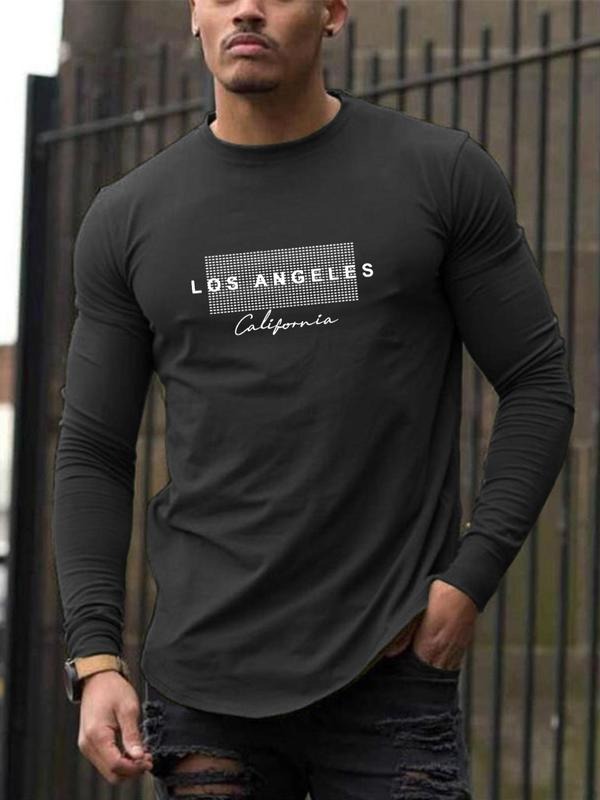 Men'WB shield Streetwear Letter Print Round Neck Long Sleeves Tee, Menswear, Regular Fit Crew Neck T-shirt, Casual Top...