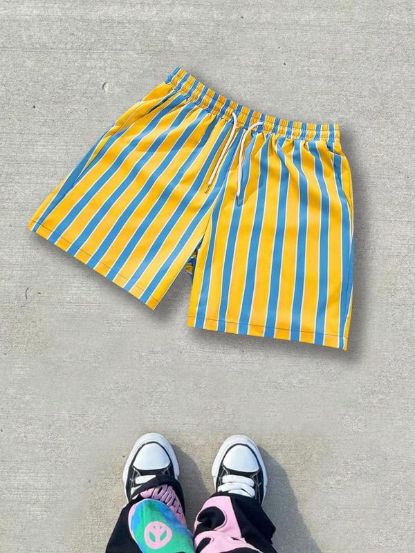 Men'WB shield Striped Print Drawstring Waist Shorts, Regular Fit Casual Comfy Breathable Shorts for Beach Vacation,...