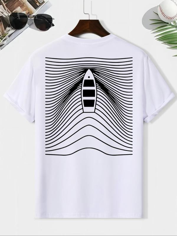 Men'WB shield Striped Print Round Neck Tee, Loose Casual Short Sleeve T-shirt, Men'WB shield Summer Top for Daily Wear...