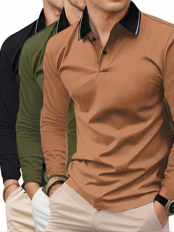 Men'WB shield Striped Trim Button Front Half Placket Polo Shirt, Regular Fit Casual Long Sleeve Collared Top for Spring &...