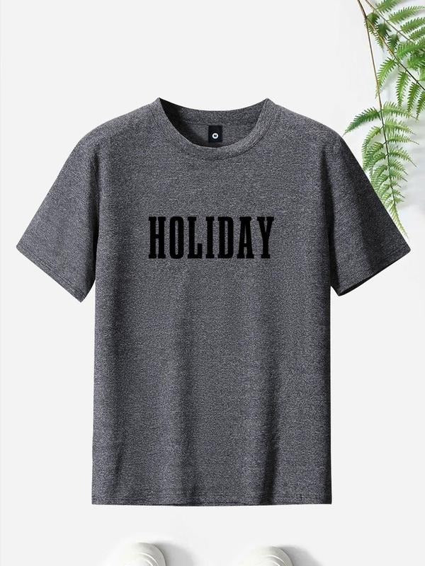 Men'WB shield Summer TNF "HOLIDAY" Letter Print Round Neck Tee, Casual Regular Fit Short Sleeve Crew Neck T-shirt for...