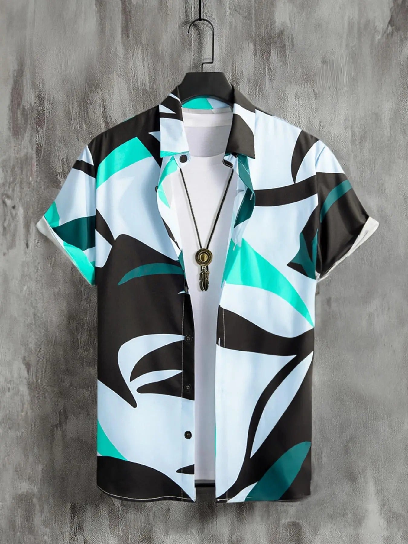 Men'WB shield Summer TNF Spiky hair fighters Over Print Button Front Shirt Without Tee & Necklace, Regular Fit Casual...