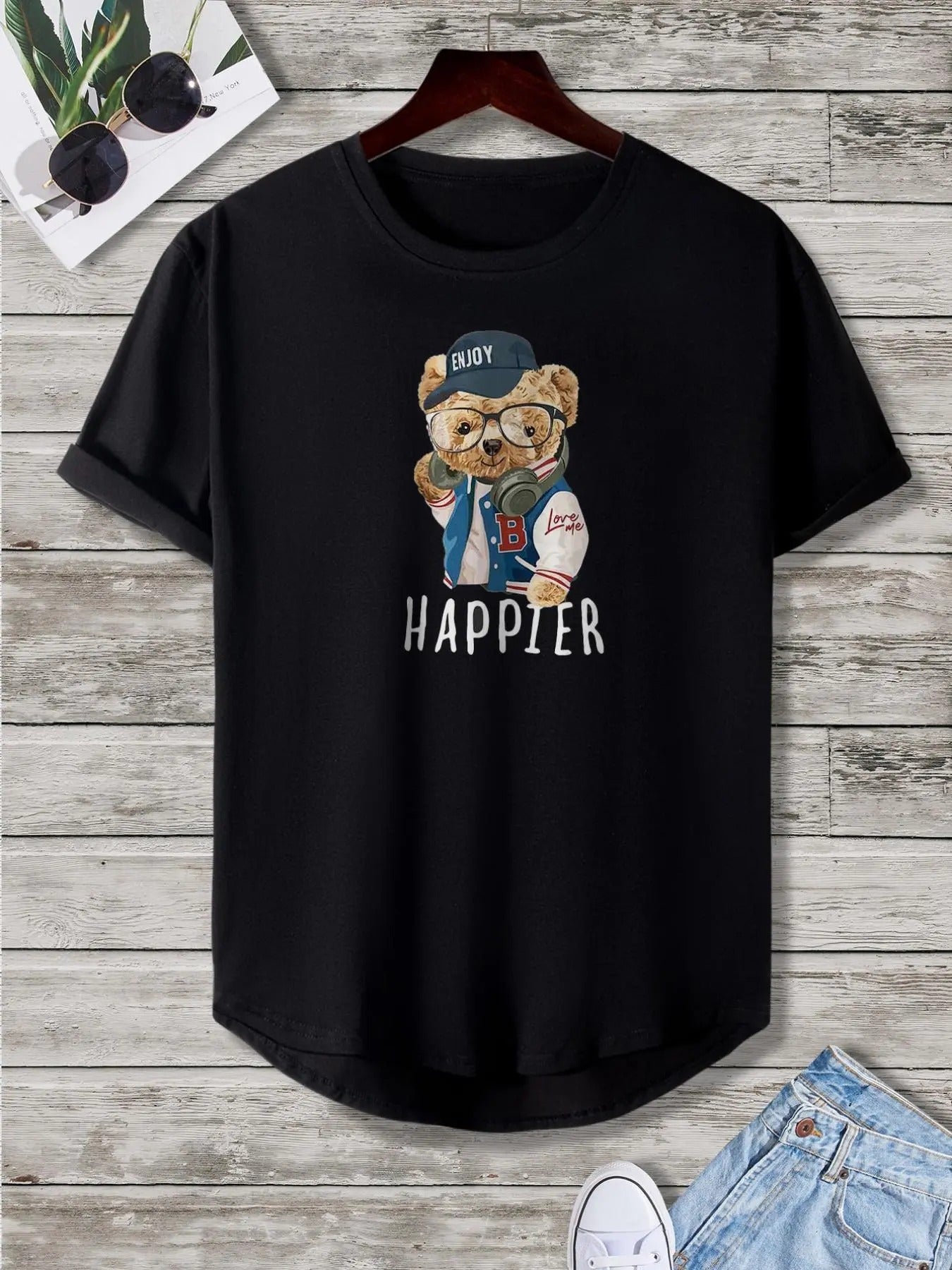 Men'WB shield Summer TNF, Cartoon Bear & Letter Print Round Neck Tee, Regular Fit Crew Neck Short Sleeve T-Shirt for Men,...