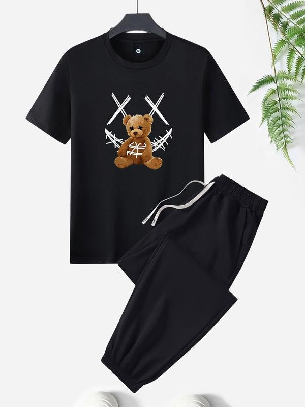 Men'WB shield Summer TNF, Cartoon Bear Print Drawstring Sweatpants Set, Casual Tops & Jogger Pants Trousers, Trendy...