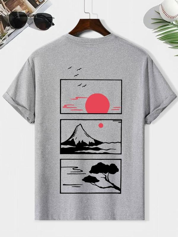 Men'WB shield Sunset & Bird Print Round Neck Tee, Loose Casual Short Sleeve T-shirt for Summer, Men'WB shield Top for...