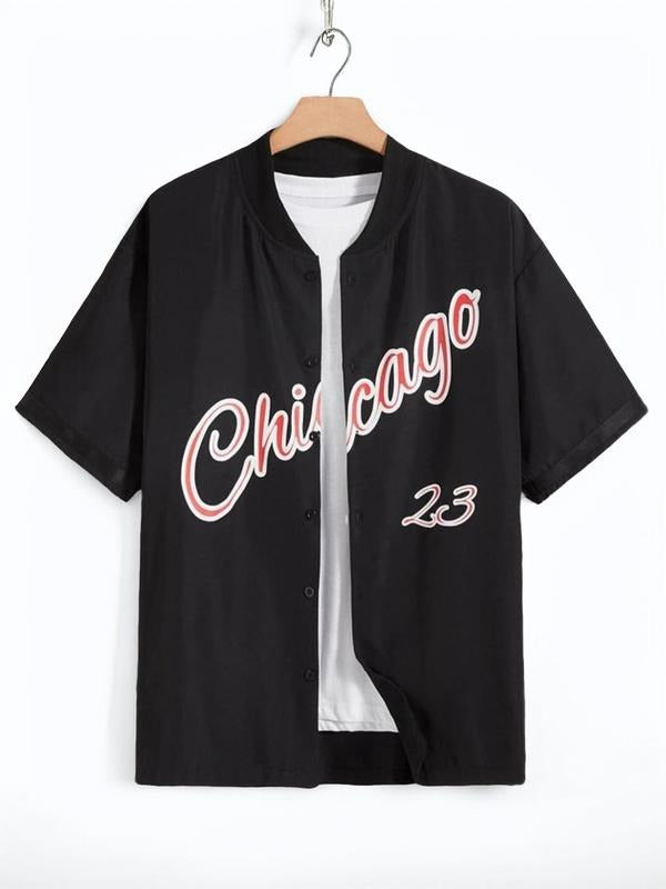 Men'WB shield Vintage Chicago Letter Print Button Front Shirt Without Tee, Casual Back Hidden leaf ninja School Short...
