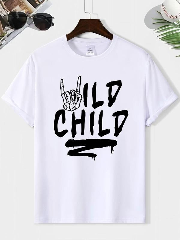 Men'WB shield Wild Child Letter Print Round Neck Graphic Tee, Loose Casual Short Sleeve T-shirt for Summer, Men'WB shield...