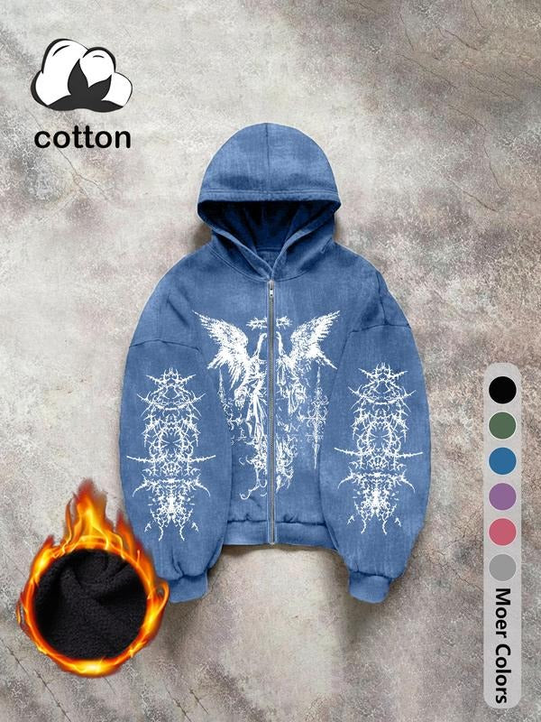Men'WB shield long-sleeved Gothic street print hooded sweatshirt, washed hooded zipper sweatshirt, casual daily wear,...