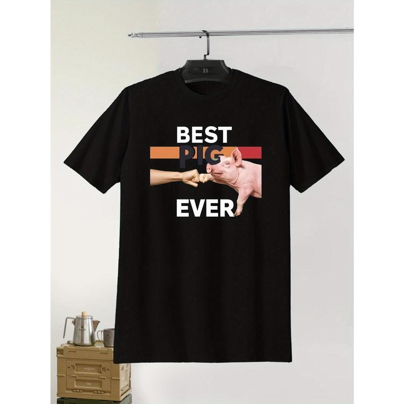Men's "BEST PIG DAD EVER" Print T-Shirt, Casual Round Neck Short Sleeve Tee, Summer Lightweight Polyester Top, Regular Fit, Geometric Pattern, Crew Neck, Black made in usa