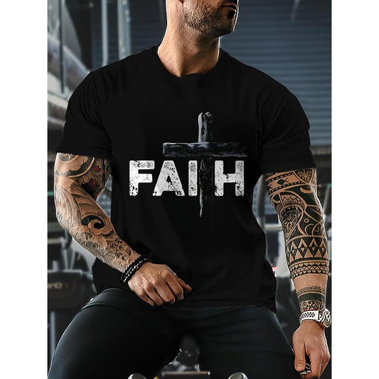 Men's 'FAITH' & Cross Print T-shirt, Casual Stylish Short Sleeve Crew Neck Tee As Gift Made in USA