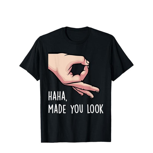 Men's 'Haha, Made You Look' Funny Finger Gesture Graphic Tee - Soft & Breathable Cotton T-Shirt | Casual & Sporty Crew Neck, Short Sleeve | Machine Washable | Sizes S-3XL made in usa made in usa