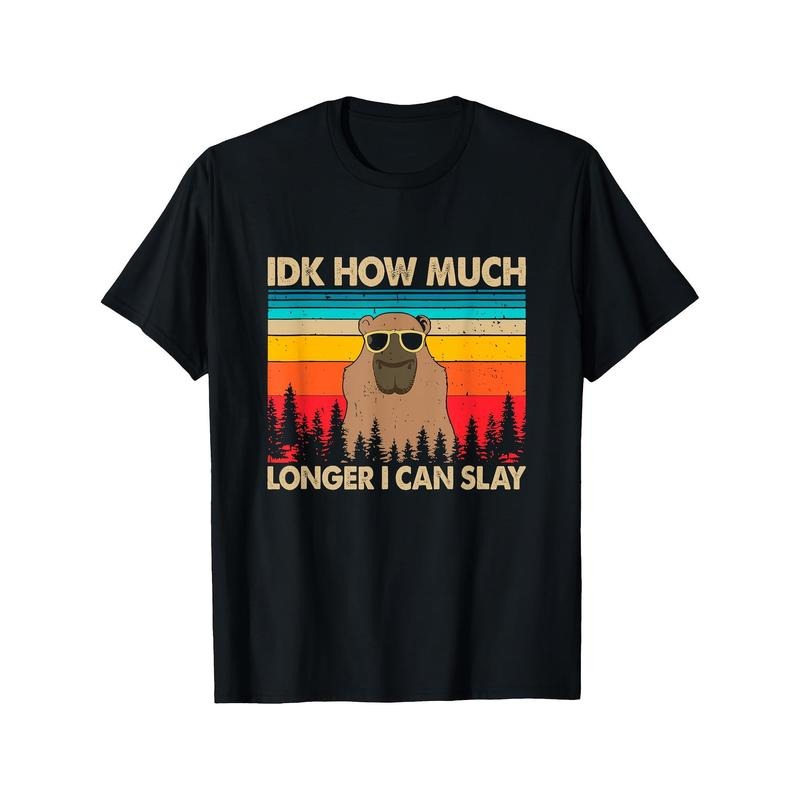 Men's "IDK How Much Longer I Can Slay" Capybara Graphic Tee - 100% Cotton, Casual Crew Neck, Short Sleeve, All-Season T-Shirt with Colorful Geometric Design Made in USA