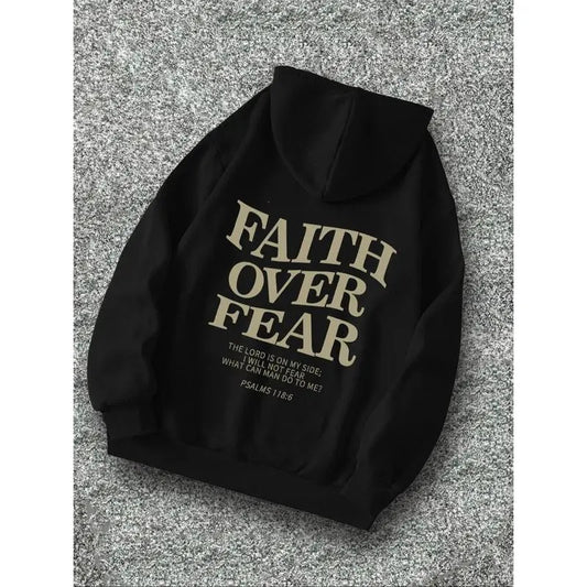 Men's "faith Over Fear" Slogan Print Drawstring Hoodie, Street Casual Regular Fit Long Sleeve Pocket Hooded Sweatshirt for Fall & Winter, Men's Top for Daily Wear Vintage Hoodies