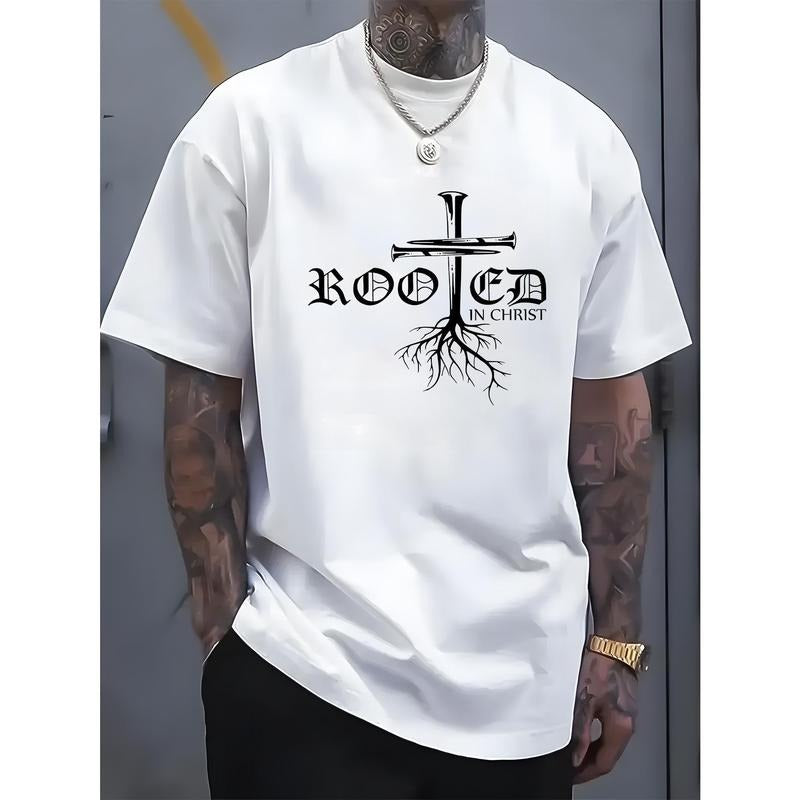 Men's 100% Cotton "Rooted in Christ" Graphic T-Shirt - Black, Casual Short Sleeve with Cross and Root Design, Ideal for Casual Attire and Special Occasions, Cotton T Shirts Made in USA