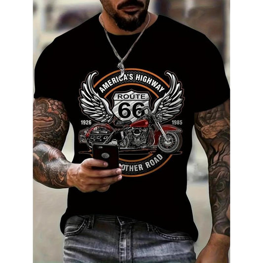 Men's 3D Digital Motorcycle And "ROUTE 66" Road Sign With Wings Pattern Crew Neck T-shirt, Summer Top For Outdoors And Sports Wear Made in USA