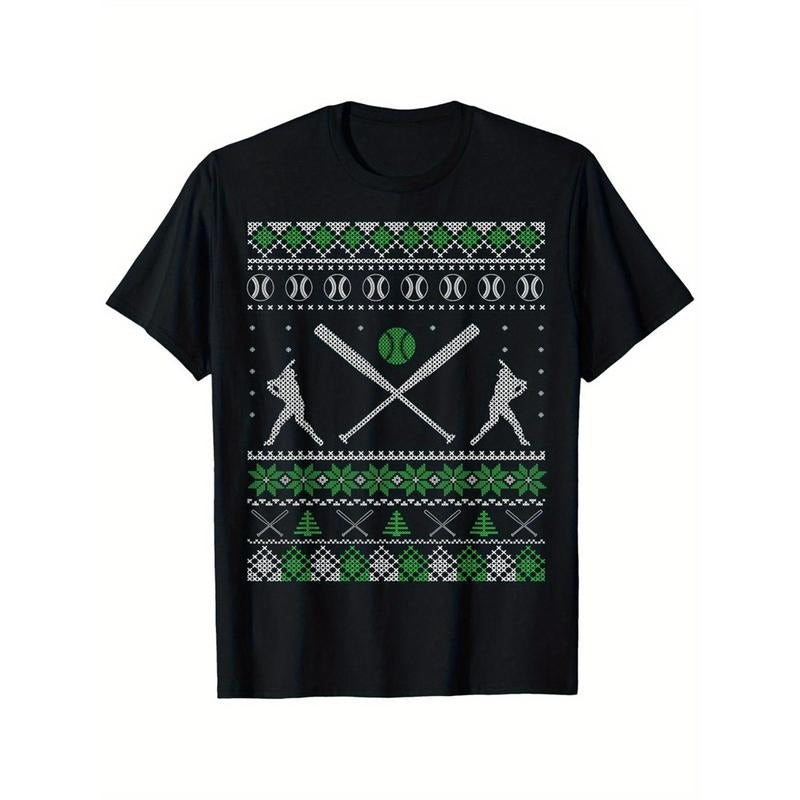 Men's Baseball-Themed Christmas T-Shirt - 100% Cotton, Comfortable & Breathable, Casual Short Sleeve Tee in Black,...
