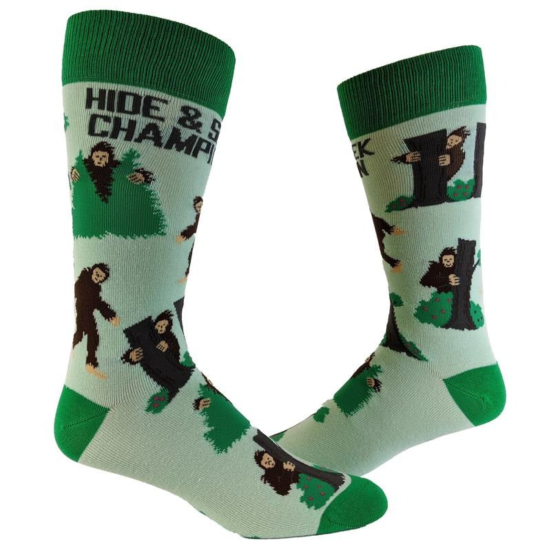 Men's Bigfoot Hide and Seek Champion Socks Funny Camping Sasquatch Knit Novelty Footwear Funny Graphic Socks Comfortable Fitted Spandex Cotton